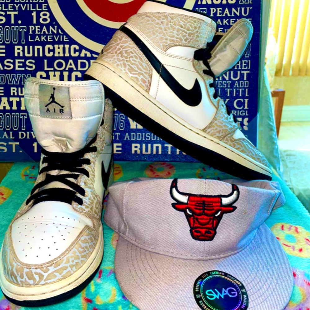 Nike Air Jordan 1 Retro High White Elephant Print /Hat free